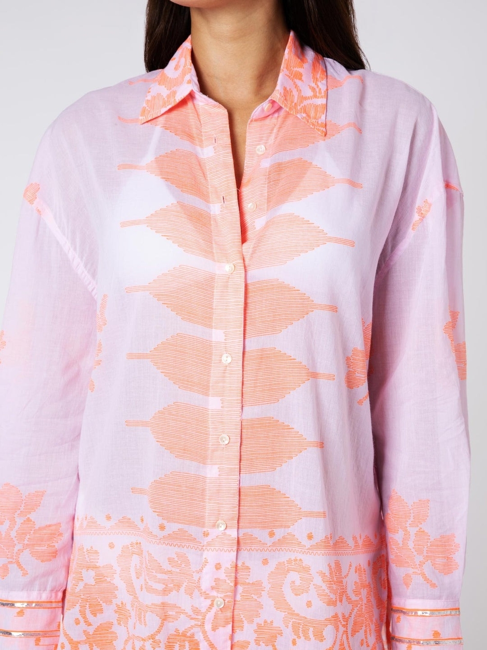 Juliet Dunn Shirt with Dhaka Print & Silver Trim Pale Pink/Neon Orange